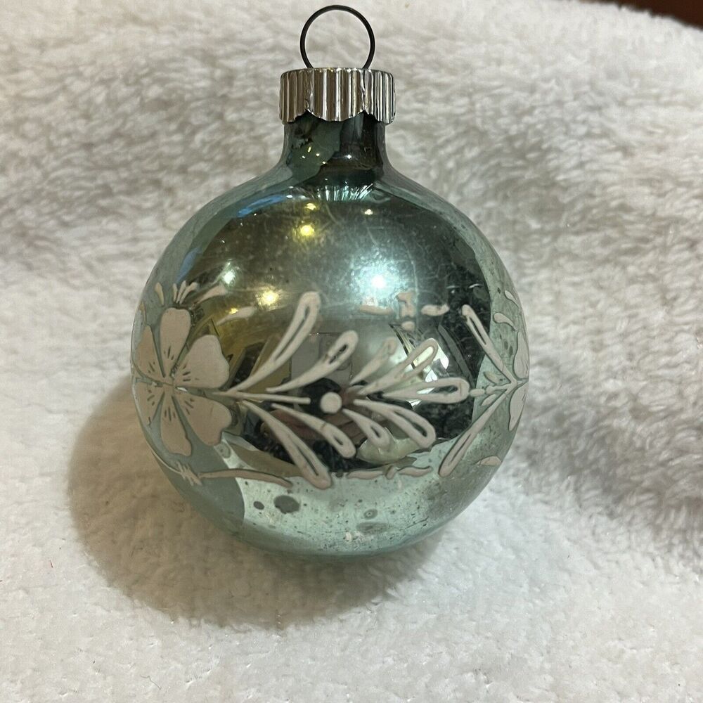 SHINY BRITE Vintage USA Blue & White Floral Stencil Glass Christmas Ornament